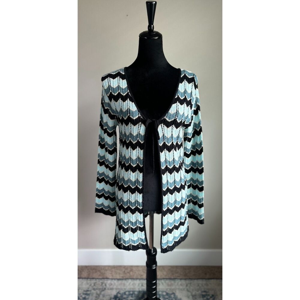VINTAGE Y2K Chevron Knit Bell Sleeve Mid Length Cardigan Sweater Size L